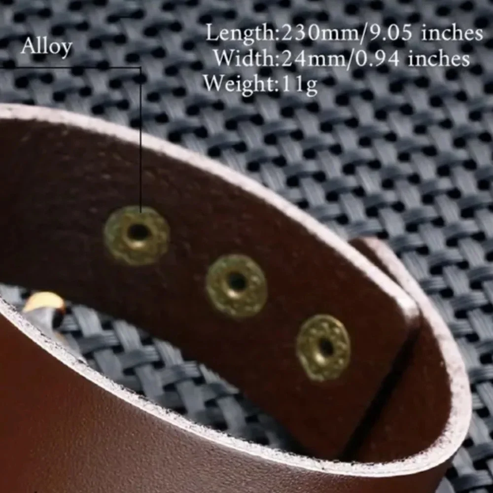 Brass snap closure vintage brown leather thick strap bracelet, 9